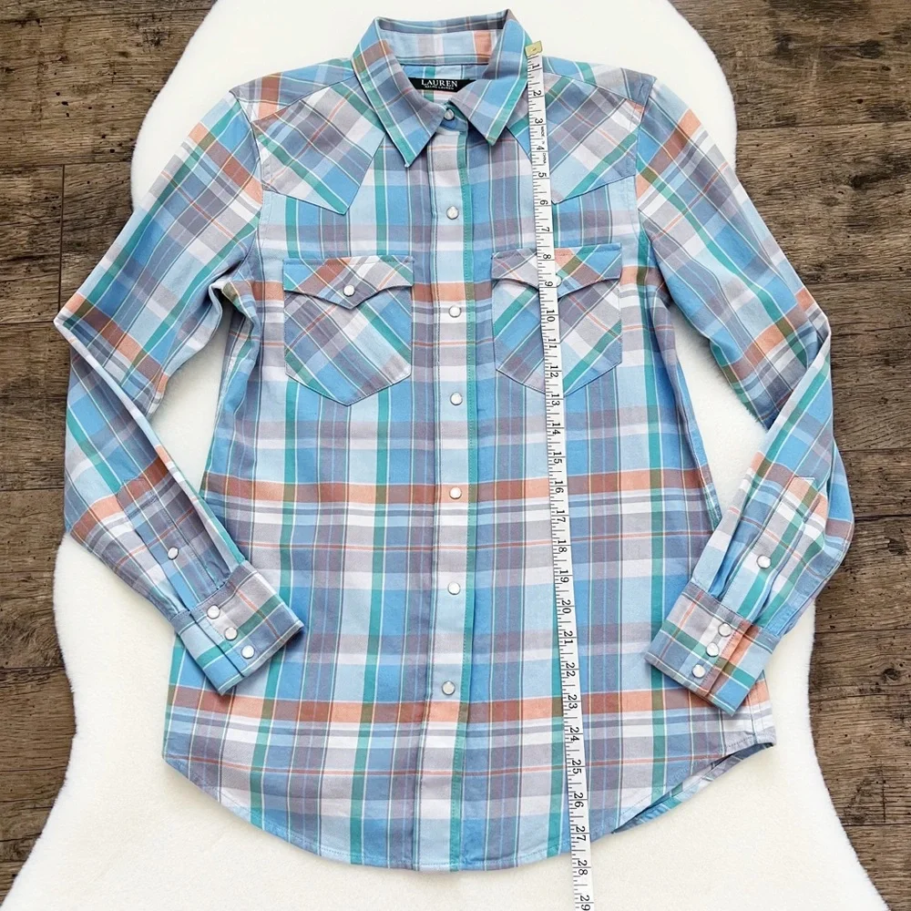 Ralph Lauren Plaid Western Pearl Snap Top Button Down Cotton Blouse Blue Small - Picture 9 of 13